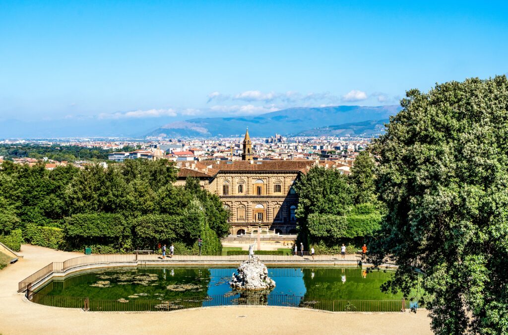 View of the Boboli Gardens with façade of the Palazzo Pitti, Florence, Italy