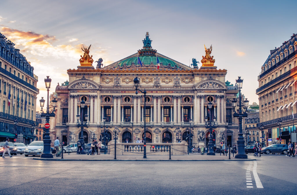 French,Opera,In,Paris,,France.,Scenic,Skyline,Against,Sunset,Sky.